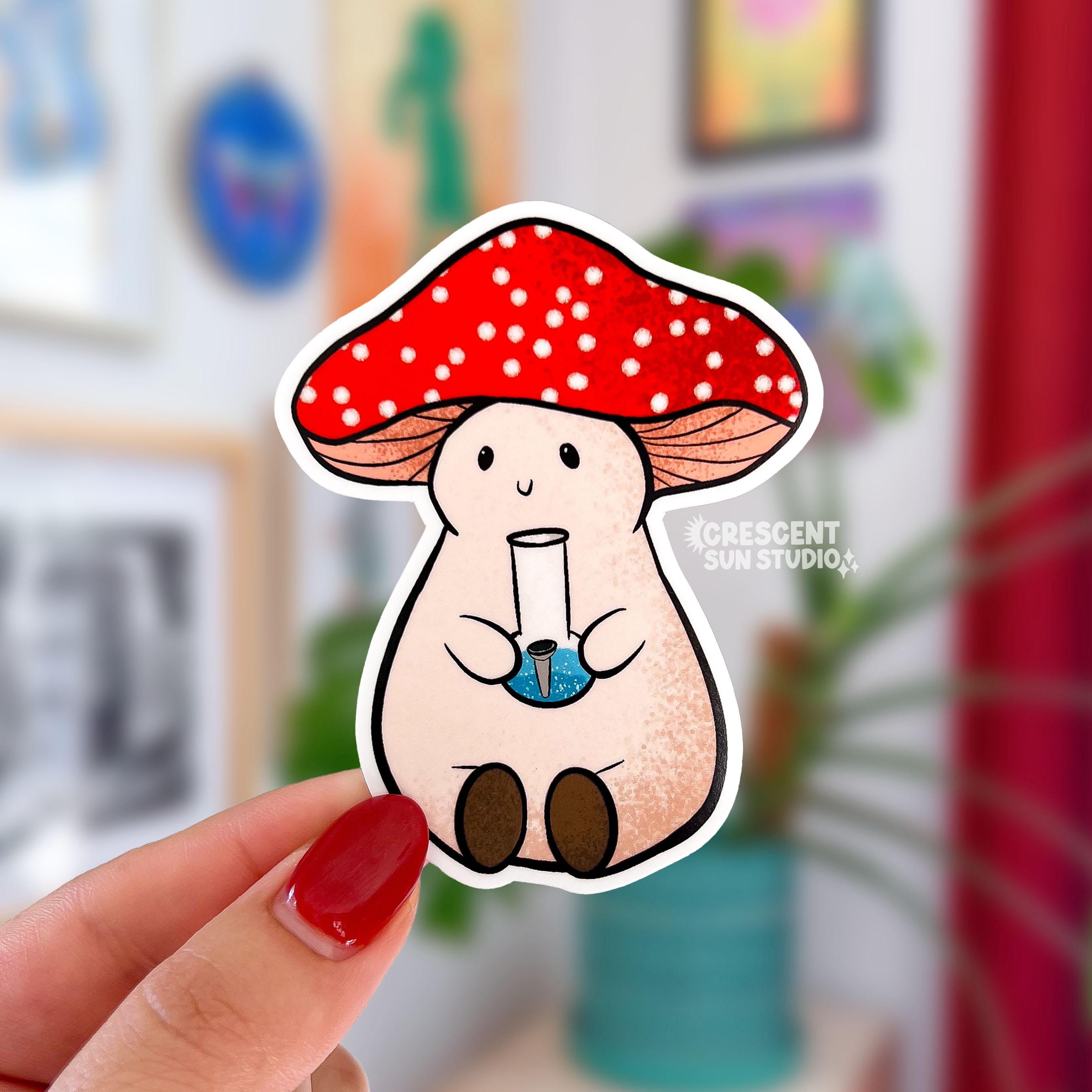 Our pinky-beige plump mushroom character with a red and white spotted cap is joyfully holding a bong in his little mushroom hands.