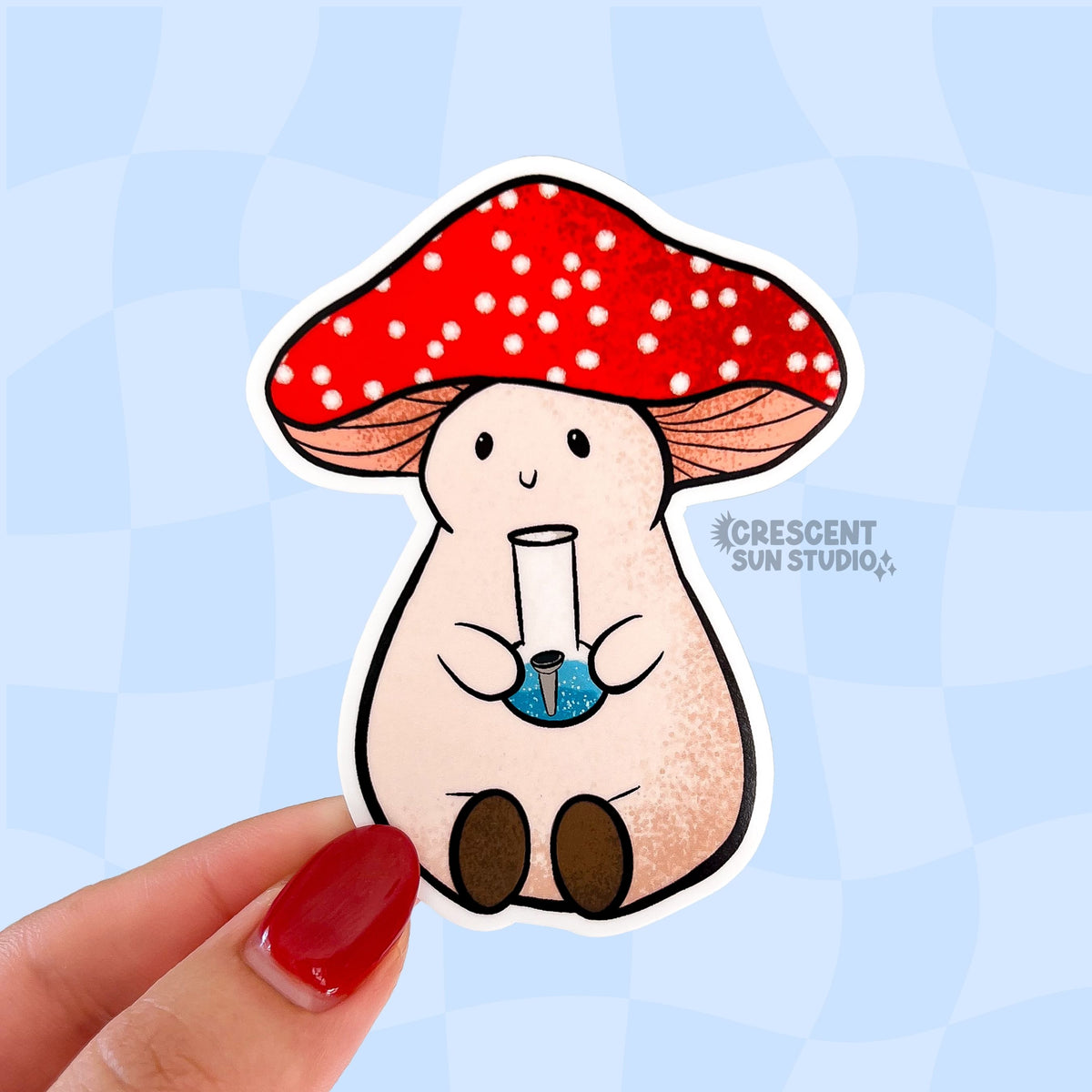Our pinky-beige plump mushroom character with a red and white spotted cap is joyfully holding a bong in his little mushroom hands.