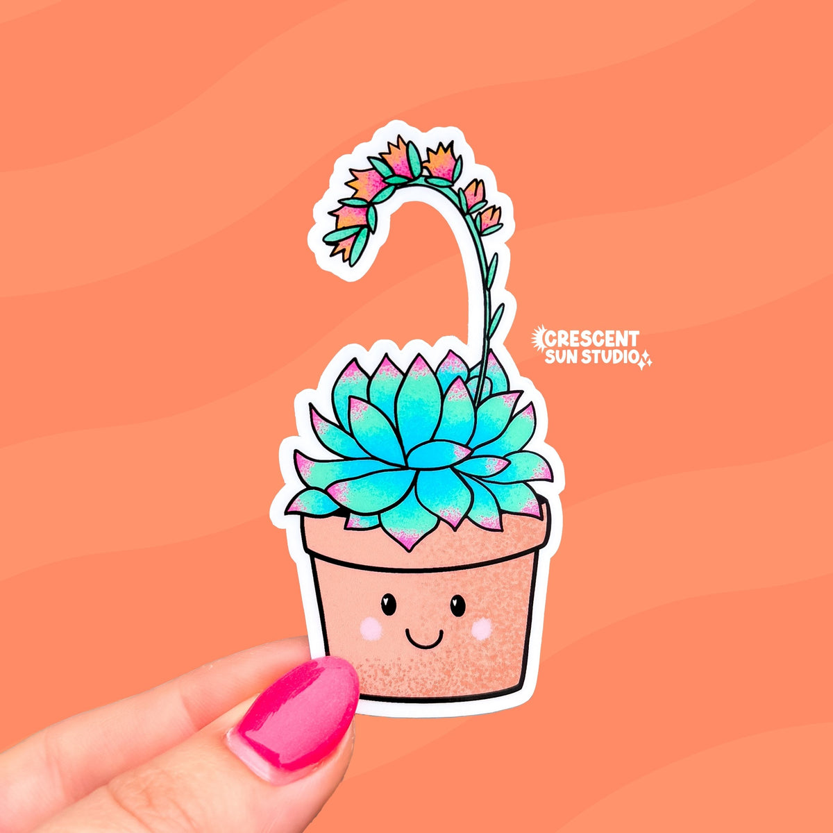 Die-cut water-resistant sticker of a smiling terracotta pot holding a green and pink succulent with a long arching bloom stem topped with small pink and orange flowers.