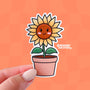 A smiling sunflower character with pink cheeks stands tall in a terracotta pot. The sunflower has yellow leaves and a warm brown face.